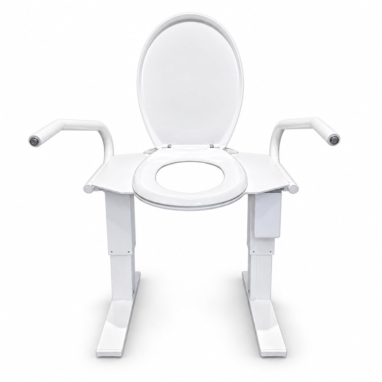 De Comfort StandUp toiletlift, recht van voren, met de armleuningen en de bedieningsknoppen